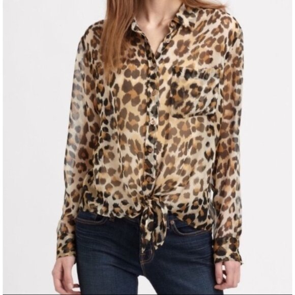 Equipment Leopard Print Silk Button Down Tie Top - Size  XS - Picture 1 of 6